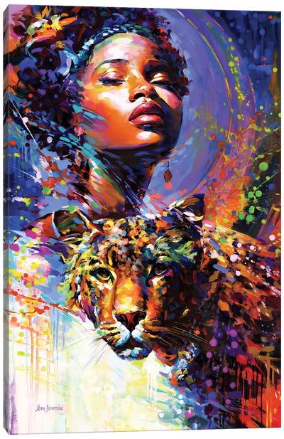 African Beauty And The Leopard'S Gaze Canvas Art Print - Leon Devenice