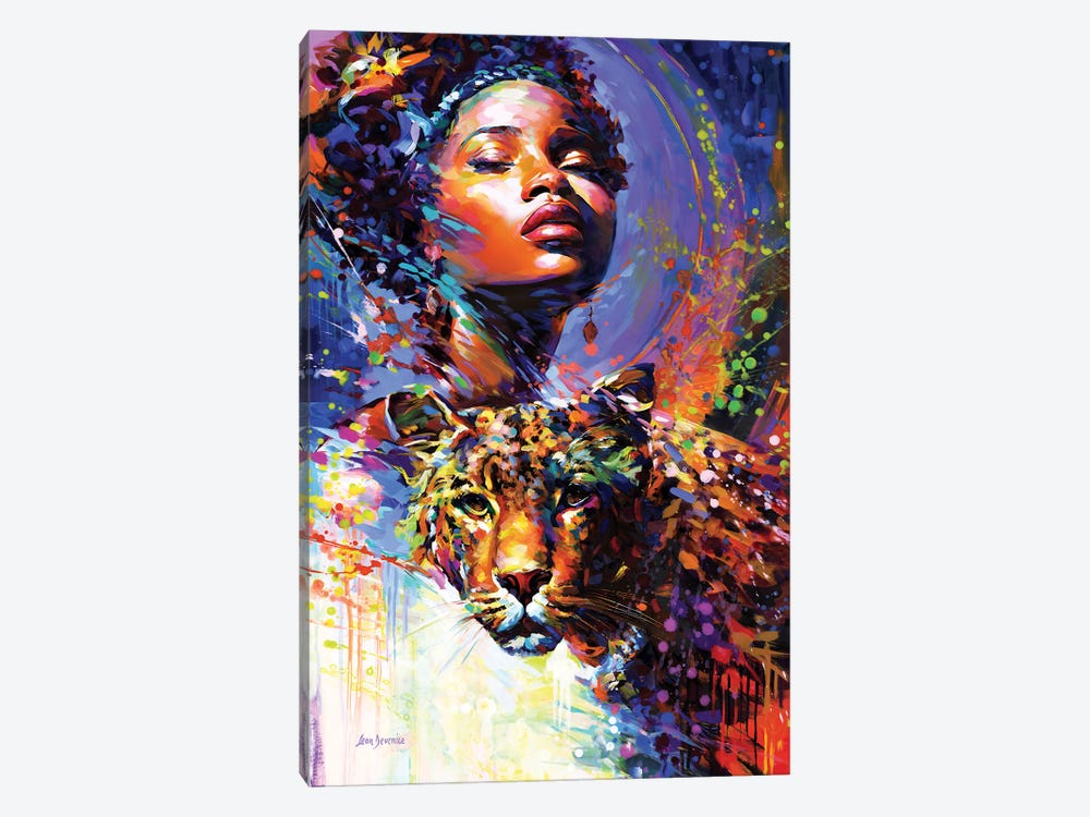 African Beauty And The Leopard'S Gaze by Leon Devenice 1-piece Canvas Wall Art