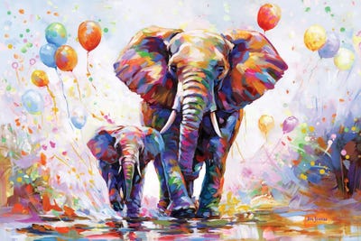 Elephants Colorful Celebration by Leon Devenice art print