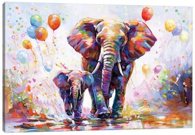 Elephants Colorful Celebration Canvas Art Print - Elephant Art