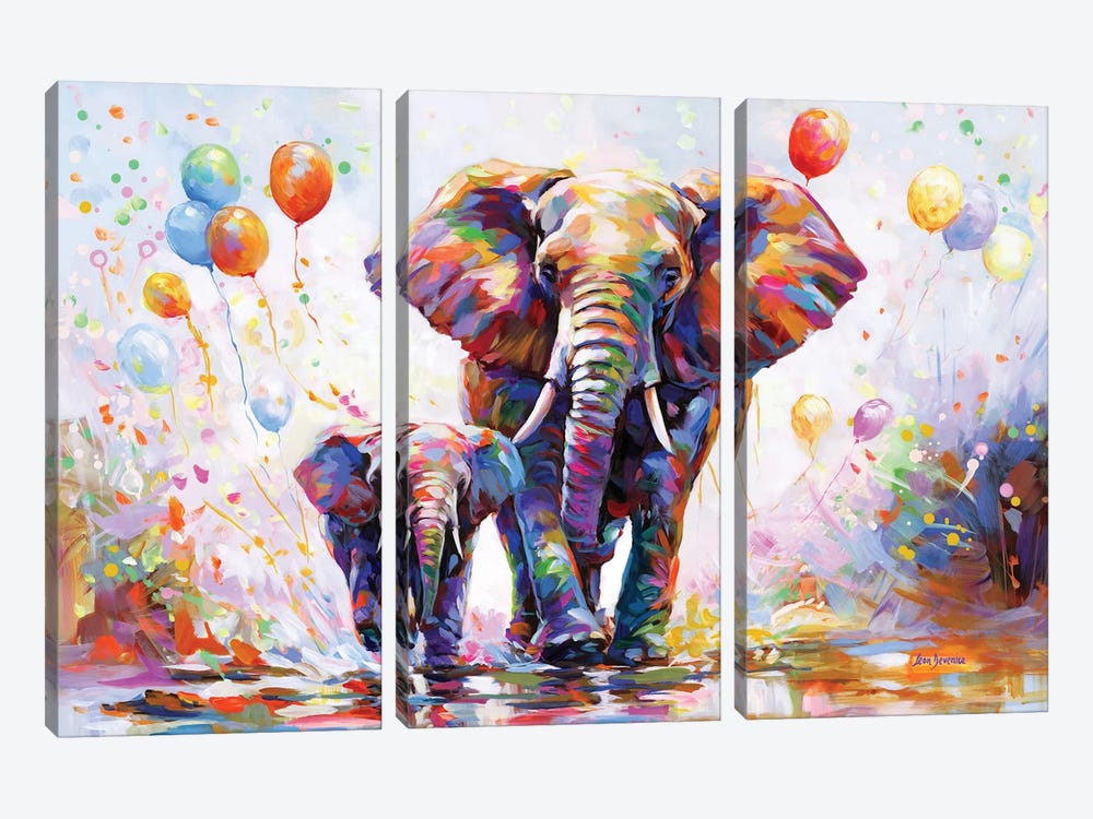 Elephants Colorful Celebration by Leon Devenice 3-piece Art Print