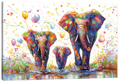 Elephants Colorful Celebration II Canvas Art Print - Leon Devenice