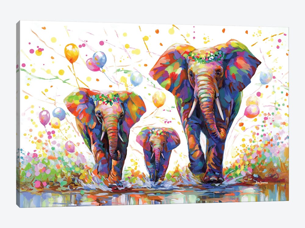 Elephants Colorful Celebration II by Leon Devenice 1-piece Canvas Artwork
