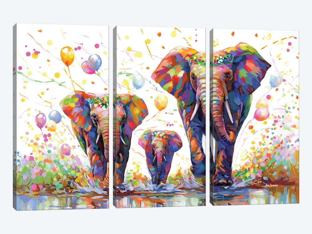 Elephants Colorful Celebration II by Leon Devenice 3-piece Canvas Artwork