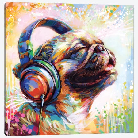 Pug's Beat Bliss Canvas Print #DVI479} by Leon Devenice Canvas Artwork