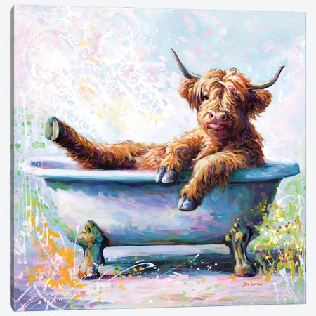 Splish Splash Baby Highland Cow Canvas Print #DVI492} by Leon Devenice Canvas Wall Art