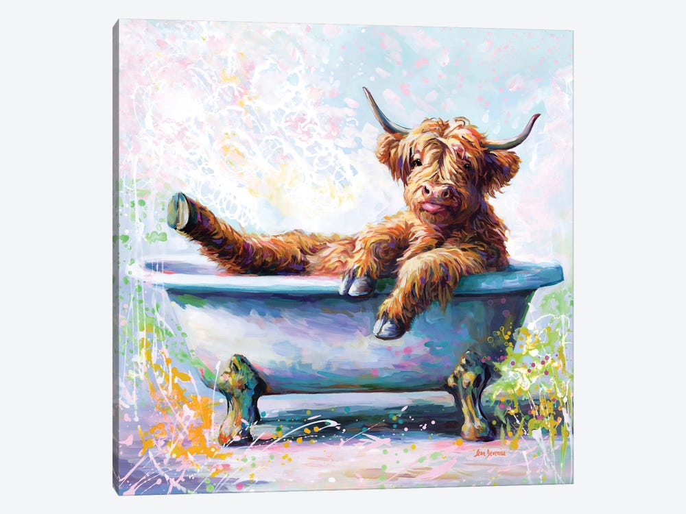 Splish Splash Baby Highland Cow by Leon Devenice 1-piece Canvas Art Print