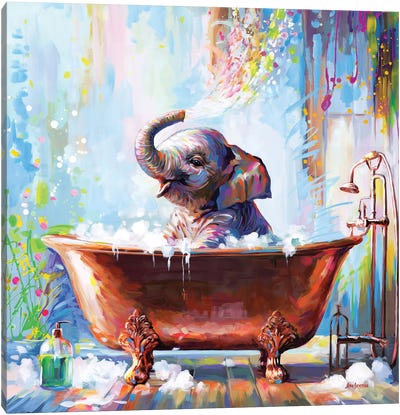 Baby Elephant In Bathtub Canvas Art Print - Leon Devenice