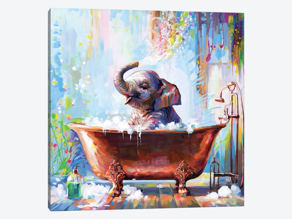 Baby Elephant In Bathtub by Leon Devenice 1-piece Canvas Art Print