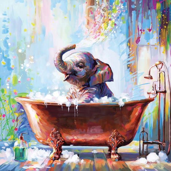 Elephants: Baby Elephant In Bathtub by Leon Devenice