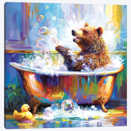 Happy Bear In Bathtub Canvas Print #DVI500} by Leon Devenice Canvas Art