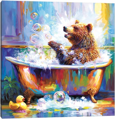 Happy Bear In Bathtub Canvas Art Print - Leon Devenice