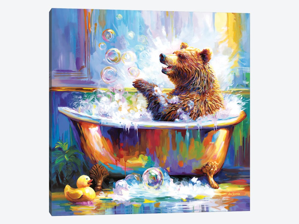Happy Bear In Bathtub by Leon Devenice 1-piece Canvas Art Print