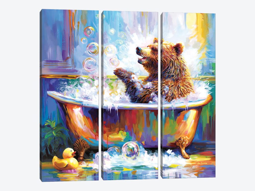 Happy Bear In Bathtub by Leon Devenice 3-piece Canvas Art Print