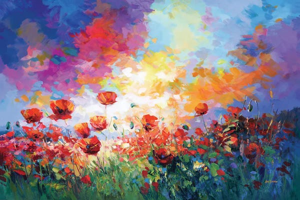 Leon Devenice: Red Poppy Flower Field At Sunset by Leon Devenice