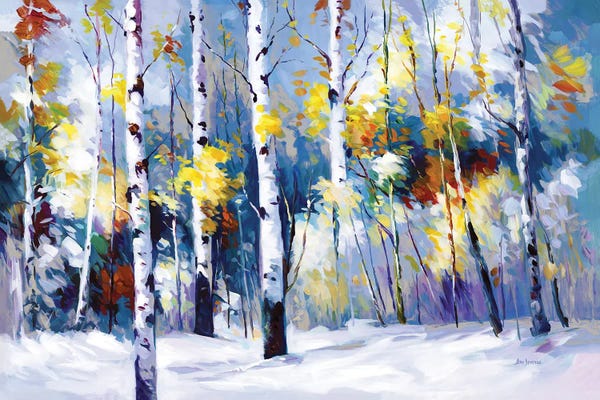 Leon Devenice: Autumn Birch Trees In Snowy Forest by Leon Devenice