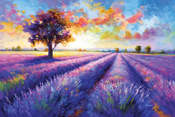 Leon Devenice: Colorful Lavender Field Landscape by Leon Devenice