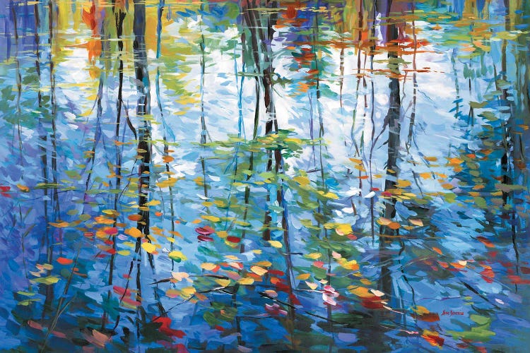 Impressionistic Reflection Of Autumn Trees And Leaves On Water