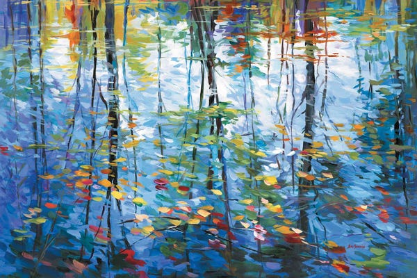 Leon Devenice: Impressionistic Reflection Of Autumn Trees And Leaves On Water by Leon Devenice