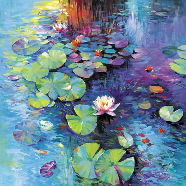 Leon Devenice: Colorful Water Lilies On A Pond by Leon Devenice