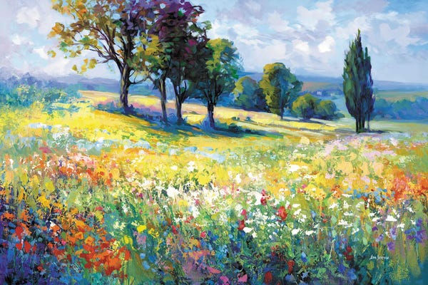 Wildflower Field With Trees In The Summer Countryside