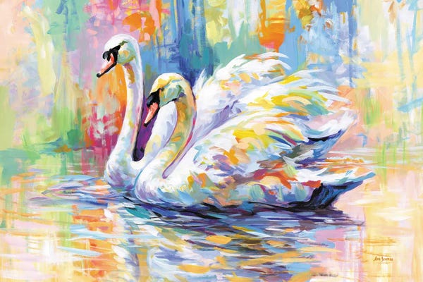 Leon Devenice: Colorful Swans On A Lake by Leon Devenice