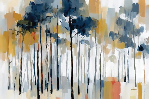 Leon Devenice: Abstract Forest Landscape With Blue Gray Trees And Warm Golden Tones by Leon Devenice