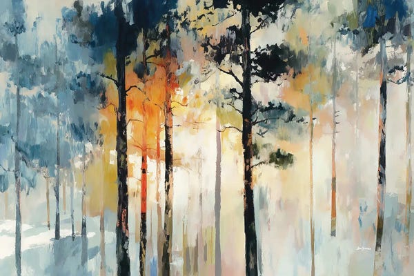 Leon Devenice: Abstract Forest With Tall Pine Trees And Warm Sunlight by Leon Devenice