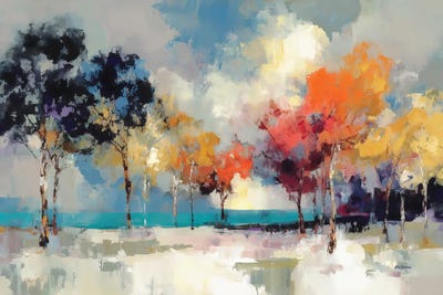 Canvas Print: Colorful Trees By Turquoise Water Under Soft Cloudy Sky by Leon Devenice - thumbnail