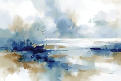 Canvas Print: Serene Coastal Landscape With Seabirds Over Calm Water Under Soft Cloudy Sky by Leon Devenice - thumbnail