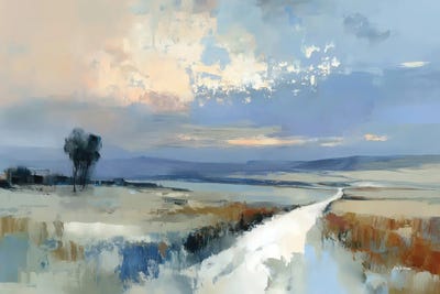 Canvas Print: Serene Landscape With Distant Hills And White Path Under Soft Sky by Leon Devenice - thumbnail