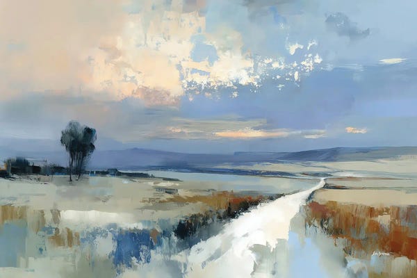 Leon Devenice: Serene Landscape With Distant Hills And White Path Under Soft Sky by Leon Devenice