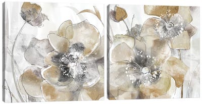 Taupe Spring Poppy Diptych Canvas Art Print - Art Sets | Triptych & Diptych Wall Art