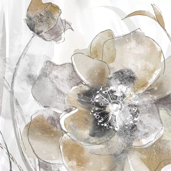Black & White & Gold: Taupe Spring Poppy I by Maria Donovan