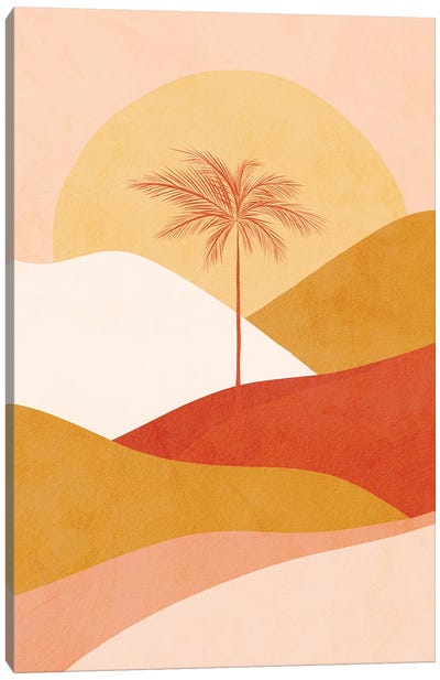 Midmod Tropical Palm Sunset 1 Peach Canvas Art Print - '70s Sunsets