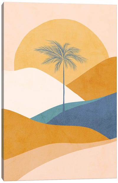 Midmod Tropical Palm Sunset II Blue Canvas Art Print - '70s Sunsets