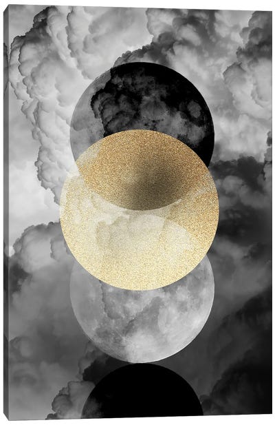 Moonphases In The Clouds Canvas Art Print - Black, White & Gold Art