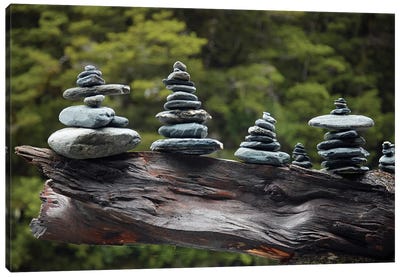 Rock stacks made by tourists by Fantail Falls, Haast Pass, Mt. Aspiring NP, New Zealand Canvas Art Print