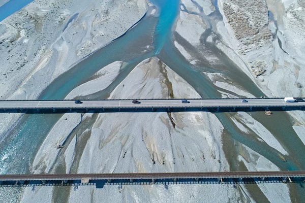David Wall: Road And Rail Bridges Across Rakaia River, Rakaia, Mid Canterbury, South Island, New Zealand by David Wall