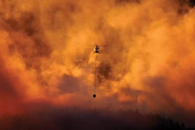 Smokey Sunset And Helicopter Fighting Fire At Burnside, Dunedin, South Island, New Zealand by David Wall acrylic art print