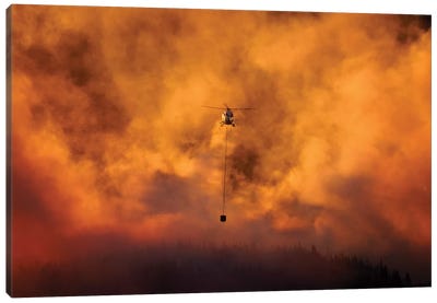 Smokey Sunset And Helicopter Fighting Fire At Burnside, Dunedin, South Island, New Zealand Canvas Art Print