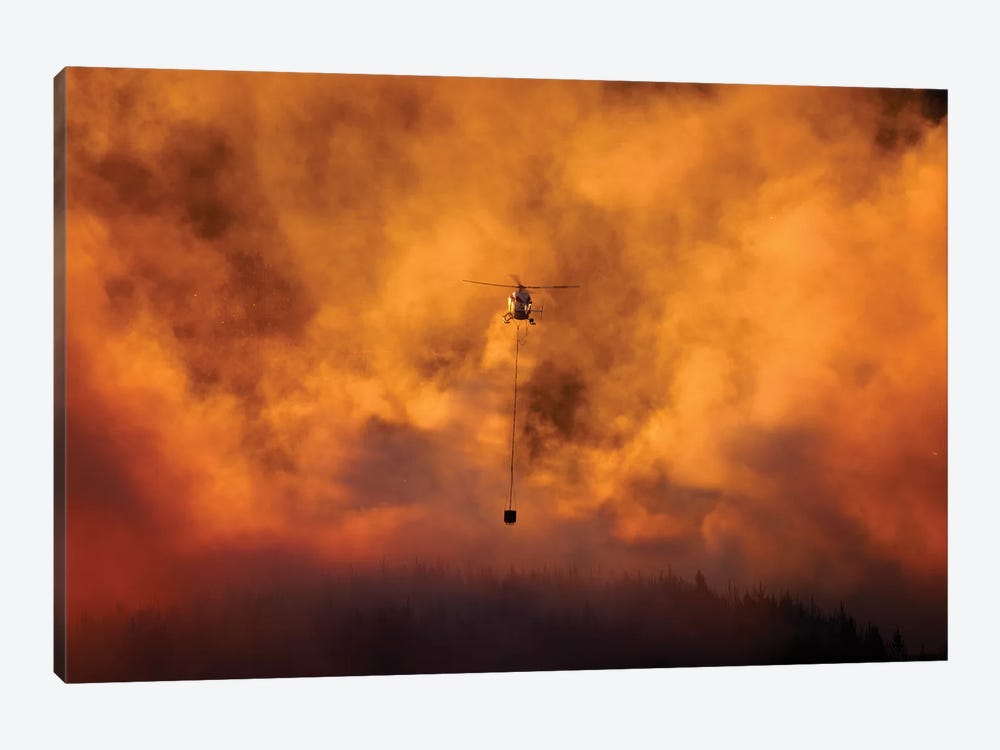 Smokey Sunset And Helicopter Fighting Fire At Burnside, Dunedin, South Island, New Zealand by David Wall 1-piece Canvas Artwork