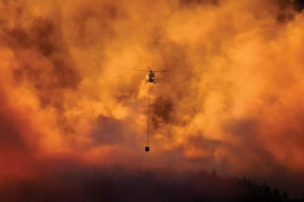 David Wall: Smokey Sunset And Helicopter Fighting Fire At Burnside, Dunedin, South Island, New Zealand by David Wall