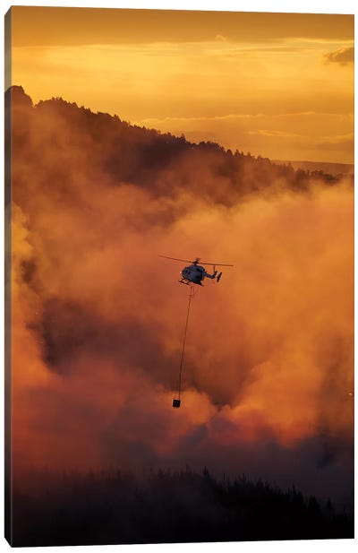 Smokey Sunset And Helicopter Fighting Fire At Burnside, Dunedin, South Island, New Zealand Canvas Art Print