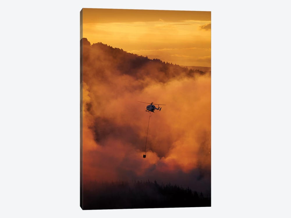 Smokey Sunset And Helicopter Fighting Fire At Burnside, Dunedin, South Island, New Zealand by David Wall 1-piece Canvas Art Print