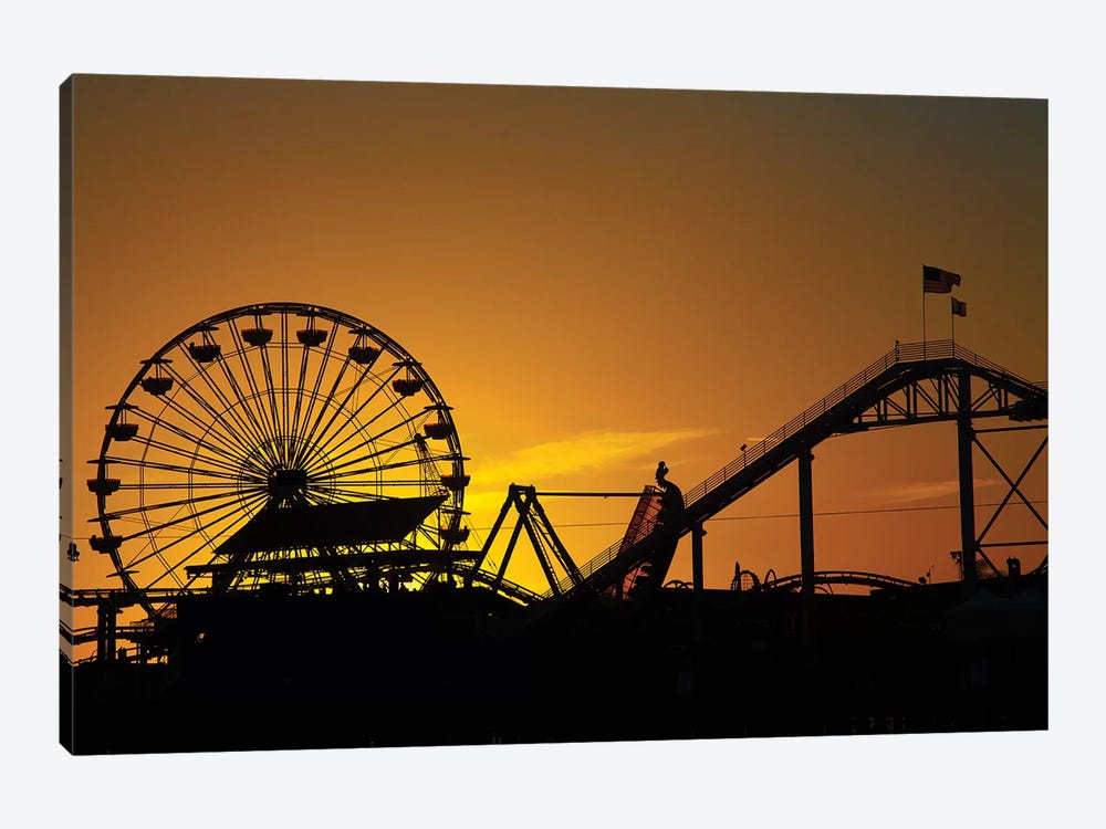 Pacific Wheel & West Coaster At Sunset, Santa Monica Pier, Santa Monica, California, USA by David Wall 1-piece Canvas Print