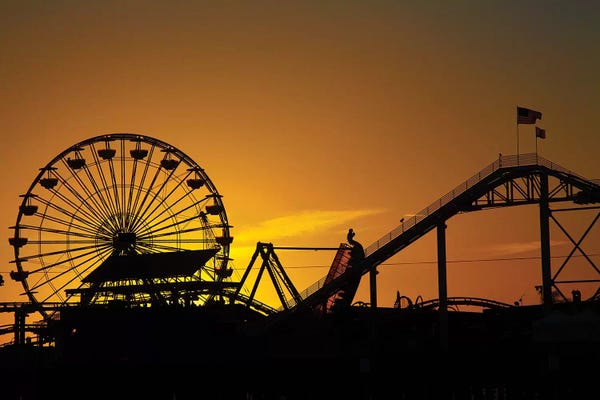 Amusement Parks: Pacific Wheel & West Coaster At Sunset, Santa Monica Pier, Santa Monica, California, USA by David Wall