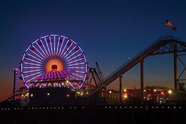 David Wall: Pacific Wheel & West Coaster At Night, Santa Monica Pier, Santa Monica, California, USA by David Wall