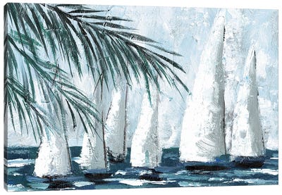 Sailboats Behind The Palms Canvas Art Print - Lakehouse Décor