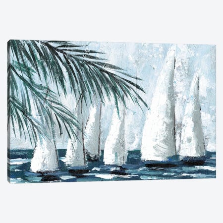 Sailboats Behind The Palms Canvas Print #DWD60} by Dogwood Portfolio Canvas Art Print